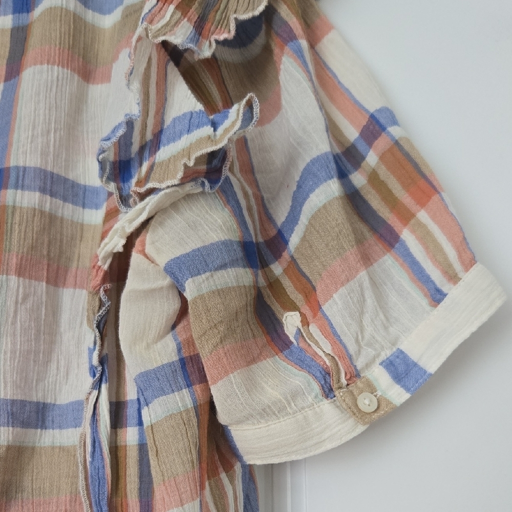 Madewell Plaid Ruffle-Sleeve Top - Cream, Blue, Tan - Picture 2 of 2